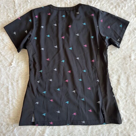 Wonderwink HP Black Scrubs Scrub Top w/ Paper Crane Print V-Neck Pockets - S - Picture 4 of 5
